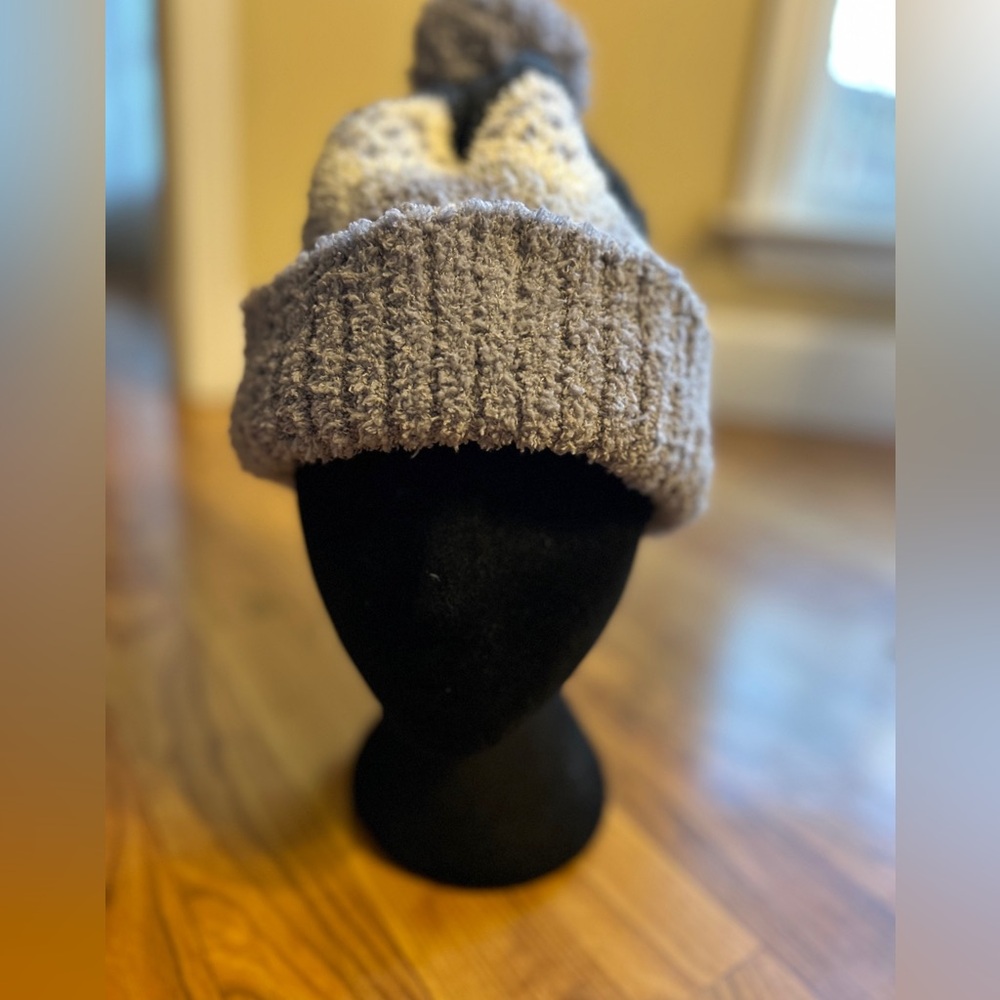 Cozy Gray and black chenille Knit Beanie with Pom Pom